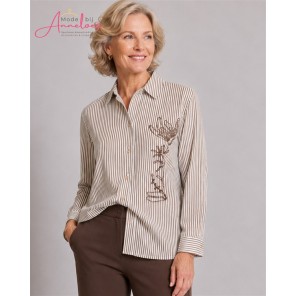 Micha Blouse 145252 Streep Borduring Brown Offwhite